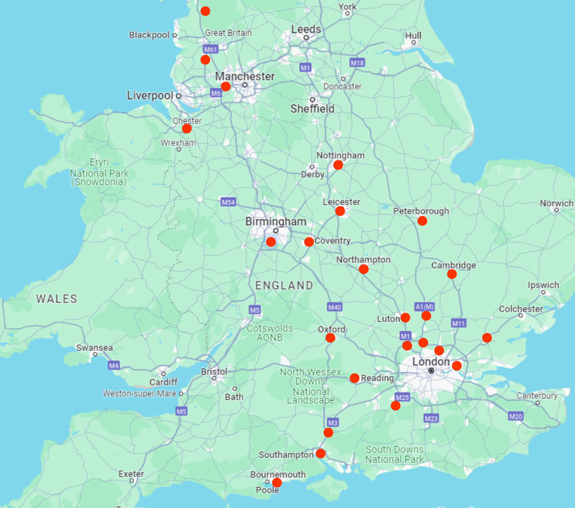 Area covered and surrounding areas.